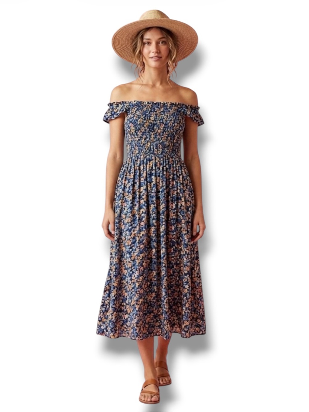 Robert Louis Boho Blue Floral Smocked Midi Dress Medium EUC Off Shoulder 🍭
